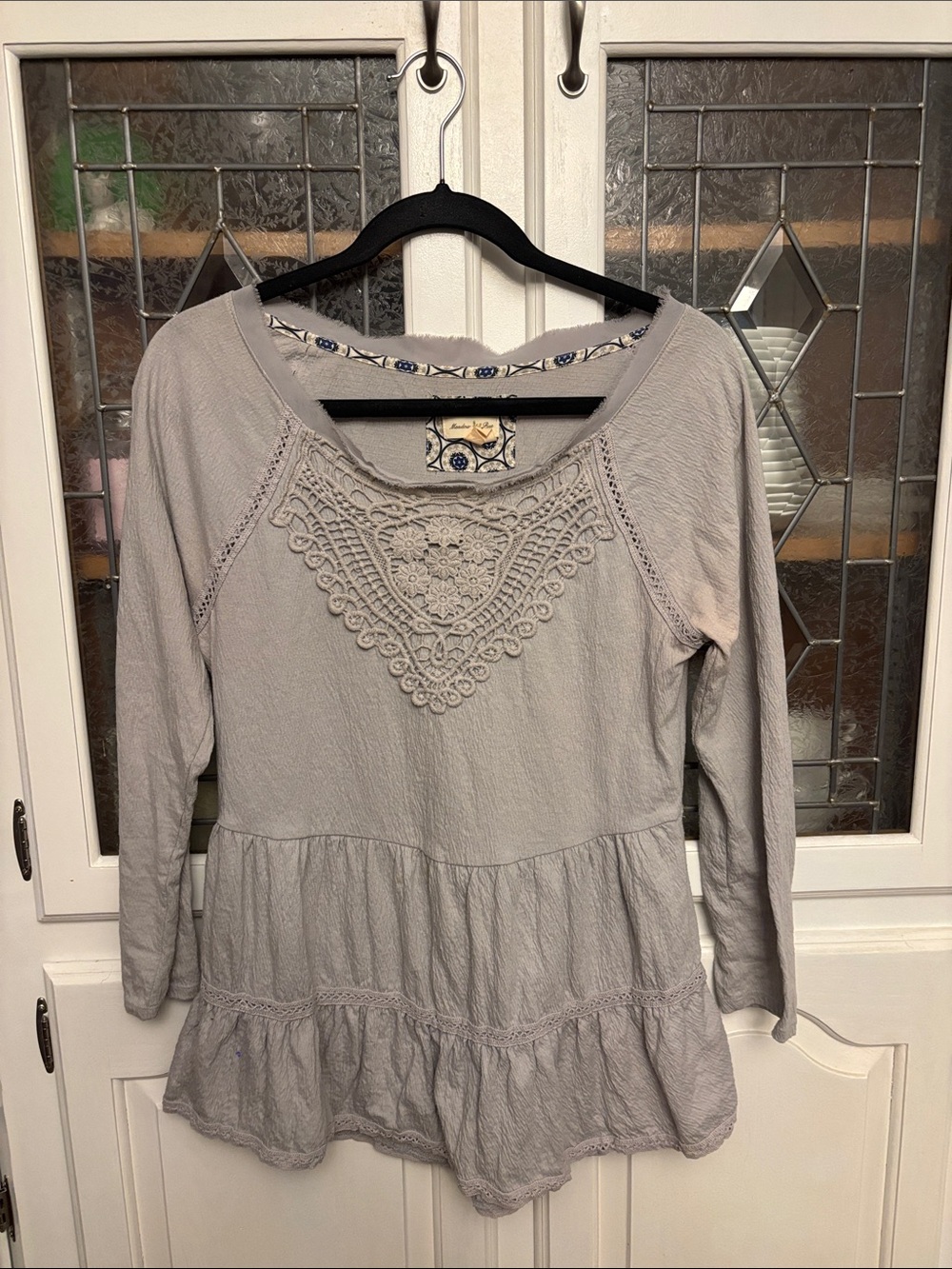 Meadow Rue Light Gray Crochet Yoke Long Sleeve Top